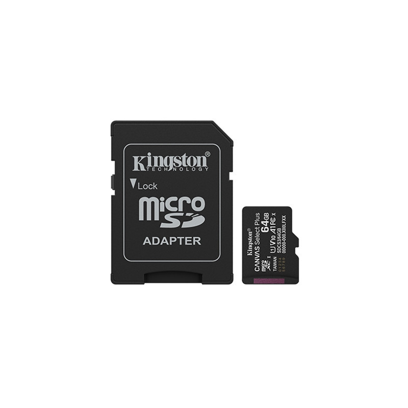 MICRO SECURE DIGITAL 64GB SDCS3/64GB CLASS10 UHS-I, U1, V10, A1 100MB/S + ADATTATORE CANVAS SELECT PLUS GEN3 KINGSTON