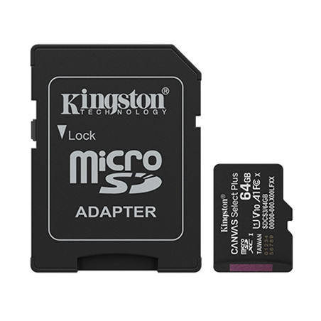 MICRO SECURE DIGITAL 64GB SDCS3/64GB CLASS10 UHS-I, U1, V10, A1 100MB/S + ADATTATORE CANVAS SELECT PLUS GEN3 KINGSTON